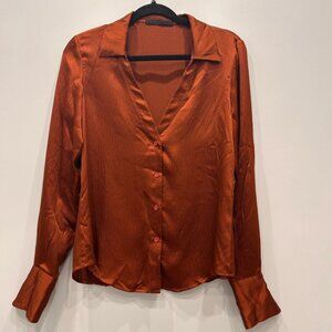 Jenni Kayne 100% silk textured button down shirt in rust brown